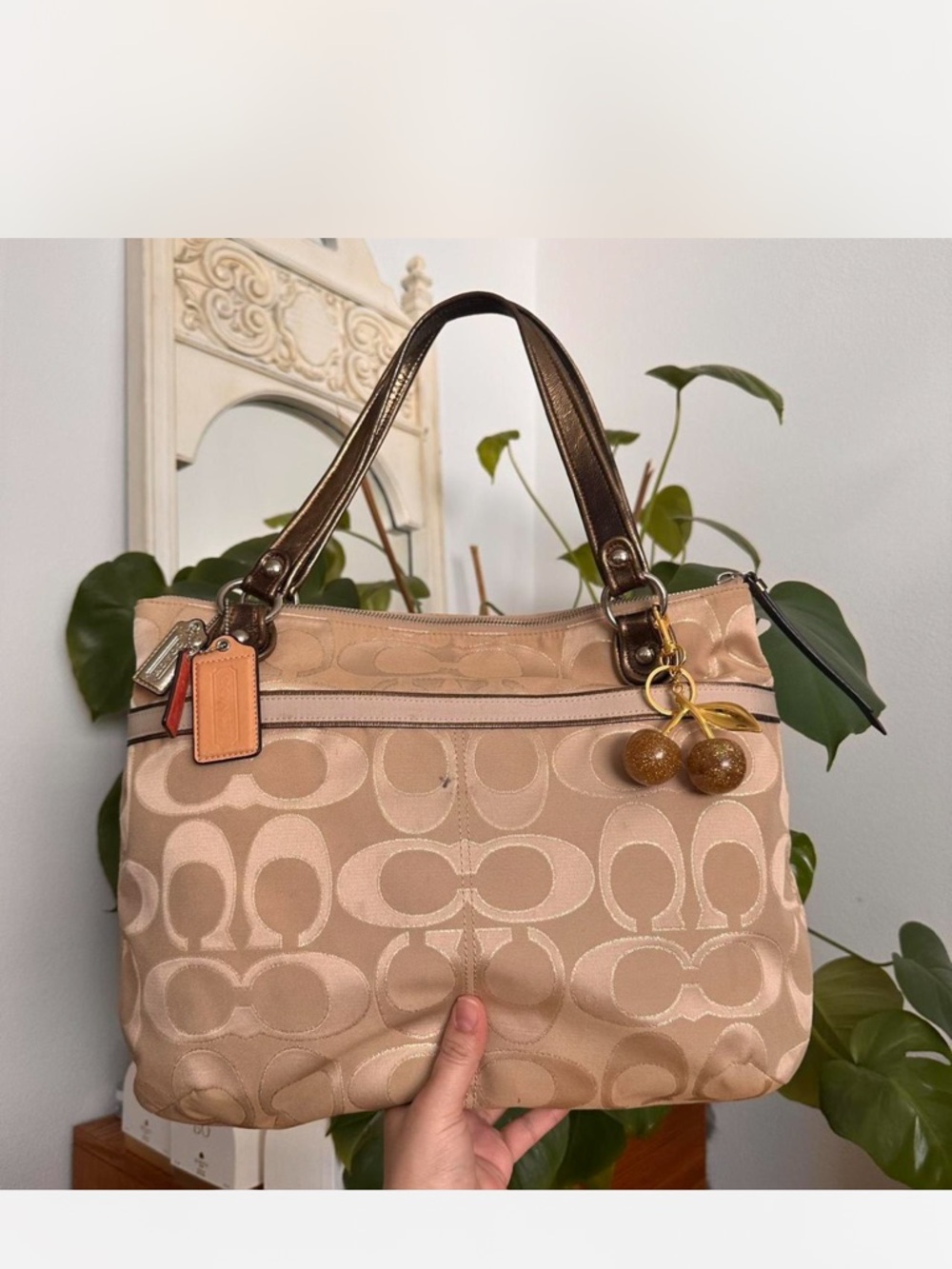 Coach Signature Beige Shoulder Bag with Brown Leather Handles